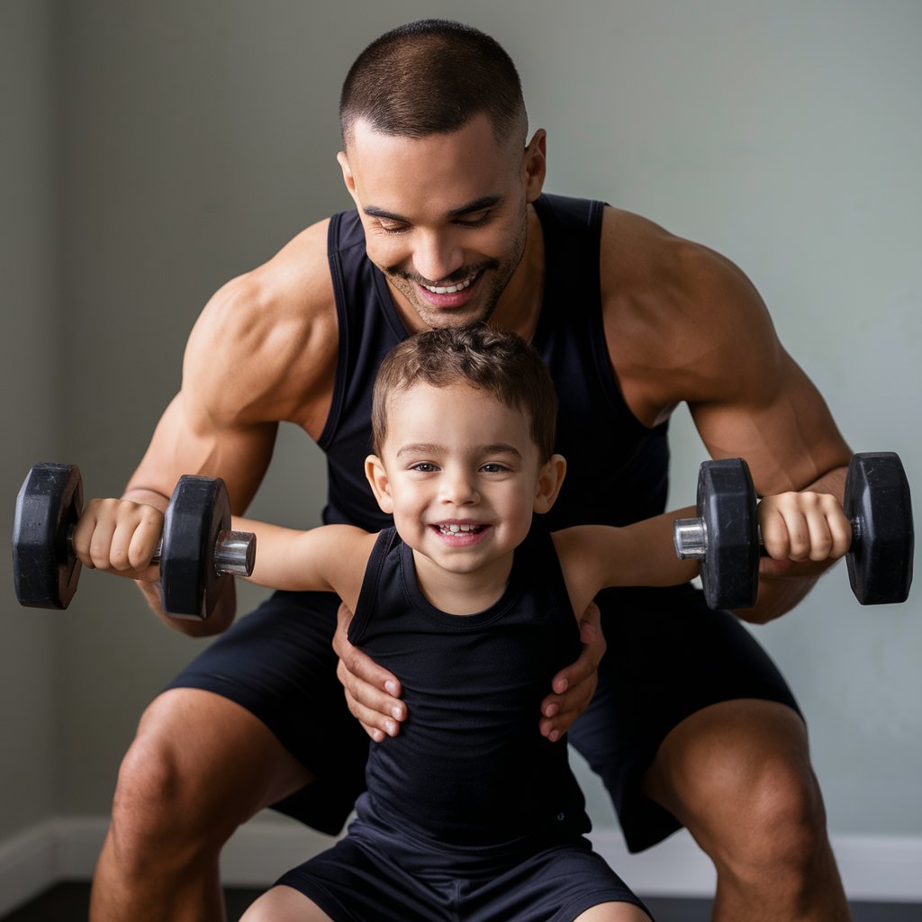 dad assisting son with dumbbell lateral raise