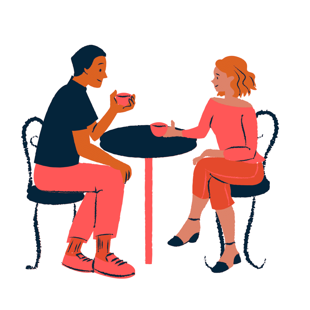 cartoon image of man and women sitting down drinking coffee