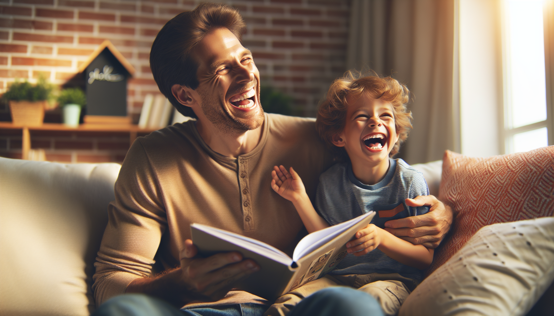 dad and son laughing at a book about corny dad jokes