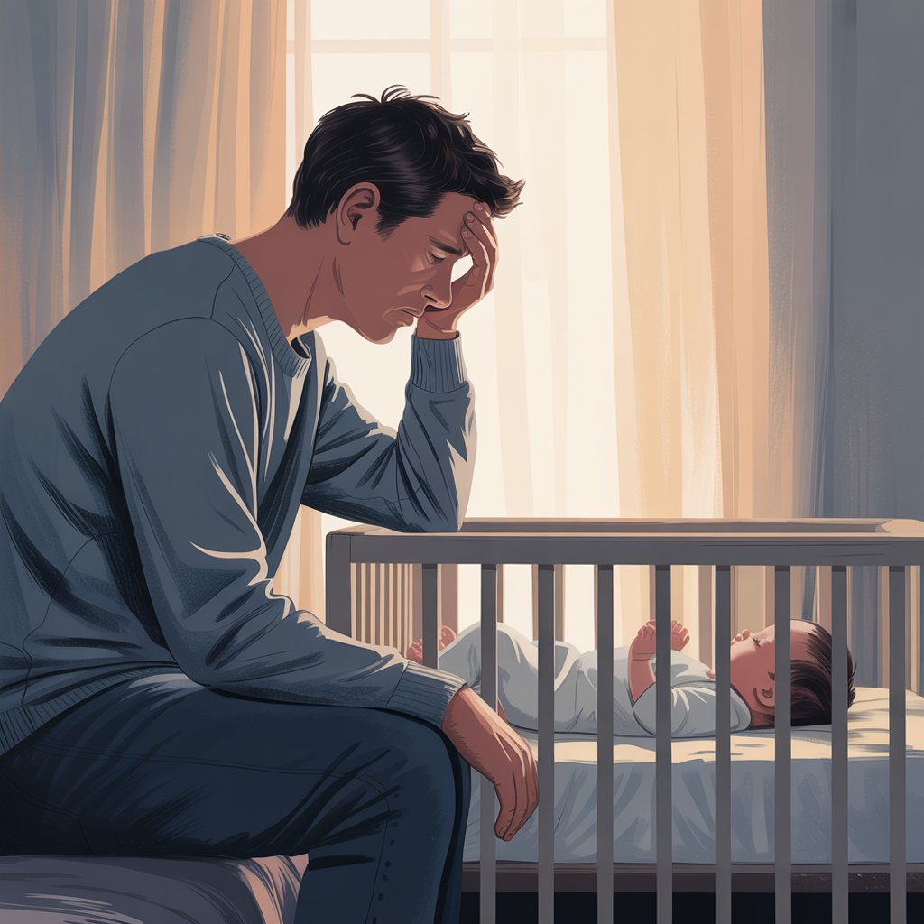 A poignant portrait illustration depicting a new father experiencing a moment of quiet reflection sitting next to his baby laying in their crib.
