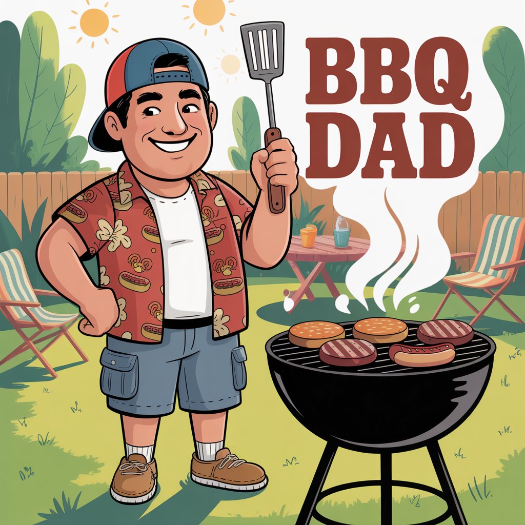 A friendly "BBQ Dad" stands confidently by a grill, wearing a Hawaiian shirt, cargo shorts, and a backwards cap, with burgers and hot dogs sizzling in a sunny backyard.
